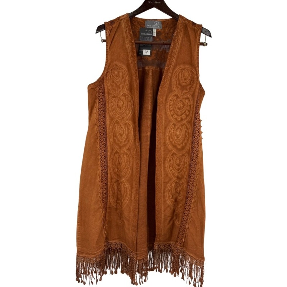 INCA COTTONS NEW‎ XL Cardigan Vest Brown Embroidered Crochet Lace Tassel Boho